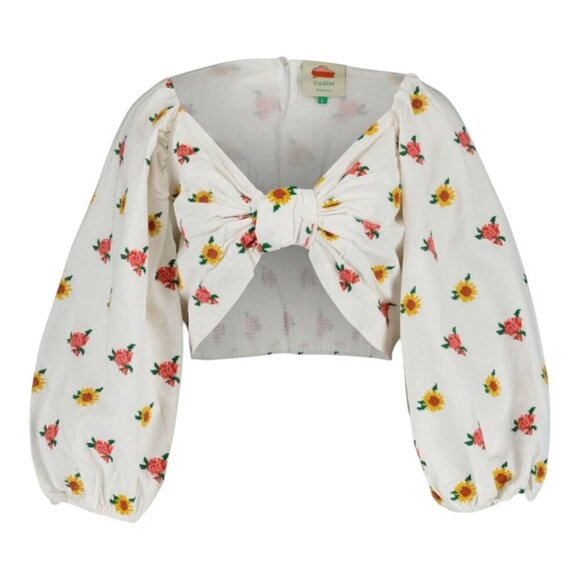 Farm Rio Floral Cross Stitch Embroidered Crop Top XS Puff Sleeves Boho - Picture 2 of 12